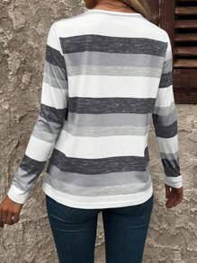 EMERY ROSE Women's Casual V-Neck Button Decor Colorful Striped Long Sleeve T-Shirt Women Tops For Spring - Grey - View 2