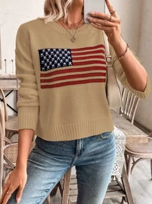 SHEIN LUNE Suéter casual de hombros caídos con diseño de bandera de EE. UU. para otoño/invierno, jersey de punto de otoño - Caqui - Ver 5