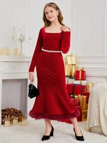 SHEIN Teengirl Velvet Material Waist Cinched Long Dress, Feather Decor Dress, Party Dress, Christmas Dress, Thanksgiving Dress, Halloween Dress, Back To School - Burgundy - View 6