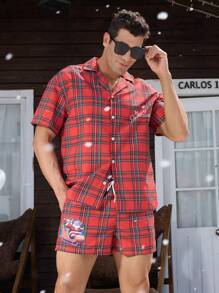 Manfinity Swimmode 2pcs Men Plaid Print Button Front Short Sleeve Top And Drawstring Pocket Shorts Casual Beach Outfit - Red - View 5