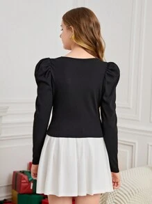 SHEIN Teen Girl's 2pcs Black Knitting/ Leg Of Mutton Sleeves/Winter/Elegant/For Party/White Pleated Skirt - Black and White - View 2