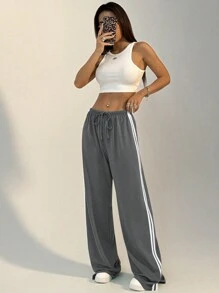 Flirla Women's Casual Versatile Contrast Color Striped Drawstring Straight Leg Sweatpants, Spring/Autumn Graduation,Back To School Outfits,Graduation,Teacher Outfits For Women,Back To School Fall Cloth For Women - Dark Grey - View 8