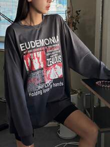DAZY Women's Casual Loose Figure & Slogan Print Round Neck Long Sleeve T-Shirt, Autumn,Graphic Tees