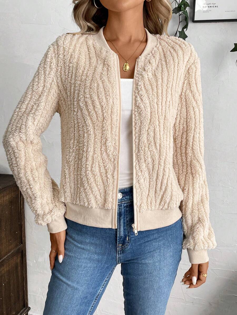 EMERY ROSE 女士休闲纯色拉链毛绒夹克，适合户外、秋季 - 駝色 - 查看 1