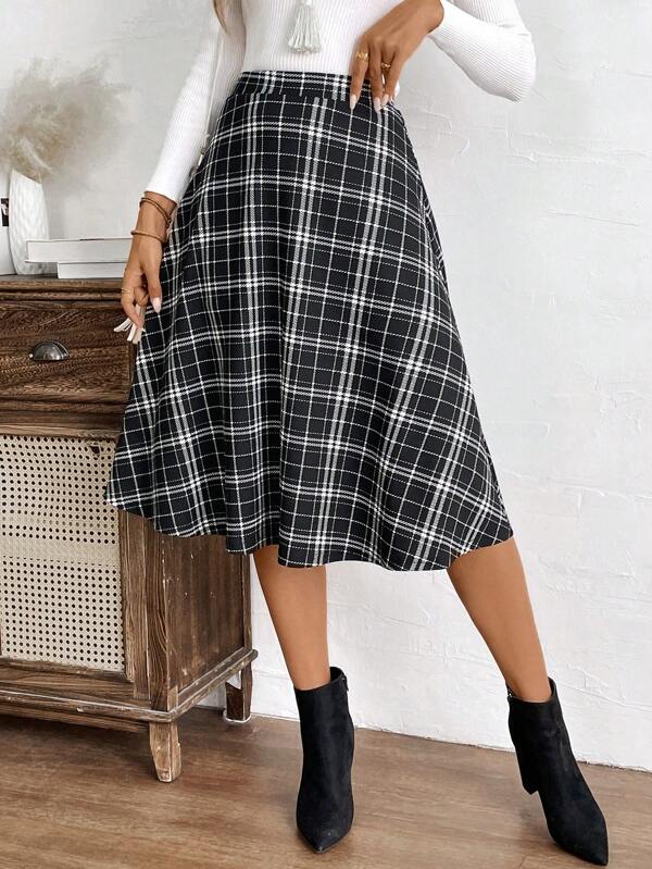 EMERY ROSE Women's Black And White Check Print Elegant Business Casual A-Line Skirt