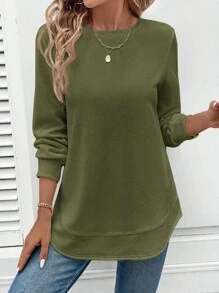 SHEIN LUNE Waffle Textured Round Neck Asymmetrical Hem Basic Women Casual Sweatshirt, Comfortable,Long Sleeve Tops Graduation,Back To School Outfits,Graduation,Teacher Outfits For Women,Back To School In Fall/Winter - Army Green - View 4