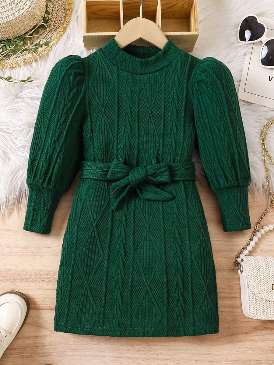 Young Girl And Young Girl Knit Turtleneck Textured Dress, Long Length