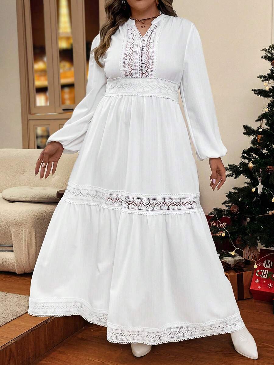 SHEIN VCAY Plus Size Solid Color Lace Patchwork Notched Neck Lantern Sleeve Dress, Casual Style For Autumn - White - View 1