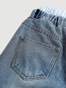 SHEIN Quần jeans ống rộng dáng boyfriend kẻ sọc xanh nhạt cho bé gái tuổi teen, thời trang thu đông. - Rửa trung bình - Xem 5