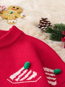 Flirla Plus Size Women's Crew Neck Christmas Handmade Pom Pom Sweater Knit Pullover Fall Winter - Red - View 4