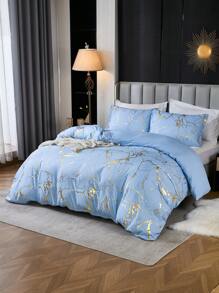 蓝色和金色床上用品套装 白金金属大理石羽绒被套 3 件套 铝箔印花闪光床上用品套装 带 2 个枕套 柔软超细纤维轻质透气棉被套 适合所有季节 1 个羽绒被套 2 个枕套 无棉被内芯
