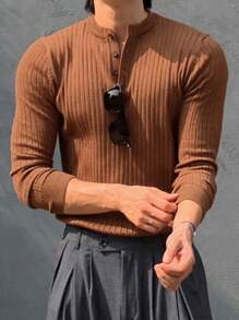 DAZY 1pc Men's Solid Coffee Brown Ribbed Knitted Half-Placket Sweater, Autumn - Brown - View 3