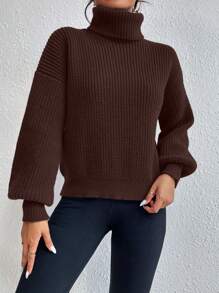 Celisse Casual High Collar Loose Ribbed Knit Drop Shoulder Sweater For Autumn/Winter, Long Sleeve Top Knit Pullover Fall - Coffee Brown - View 4