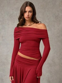 SHEIN BAE 女式纯色露肩长袖褶皱修身 T 恤，秋季 - 酒紅色 - 查看 1