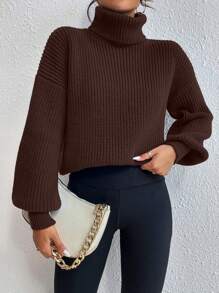 Celisse Casual High Collar Loose Ribbed Knit Drop Shoulder Sweater For Autumn/Winter, Long Sleeve Top Knit Pullover Fall - Coffee Brown - View 5