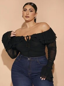 SHEIN BAE Plus Size Fall Elegant Going Out Sexy Party Woman Black Mesh Strapless Off Shoulder Ruffle Tube Top Sexy Front Center Tie Ruffle Cuffs Gathered Bodysuit Sweet Bodysuit Party Bodysuit Wedding Guest Bodysuit Halloween Outfit Christmas Outfit Birthday Party Outfit