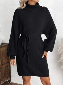 EMERY ROSE Vestido de suéter con cuello alto, cinturón en la cintura y unicolor, informal, para otoño/invierno
