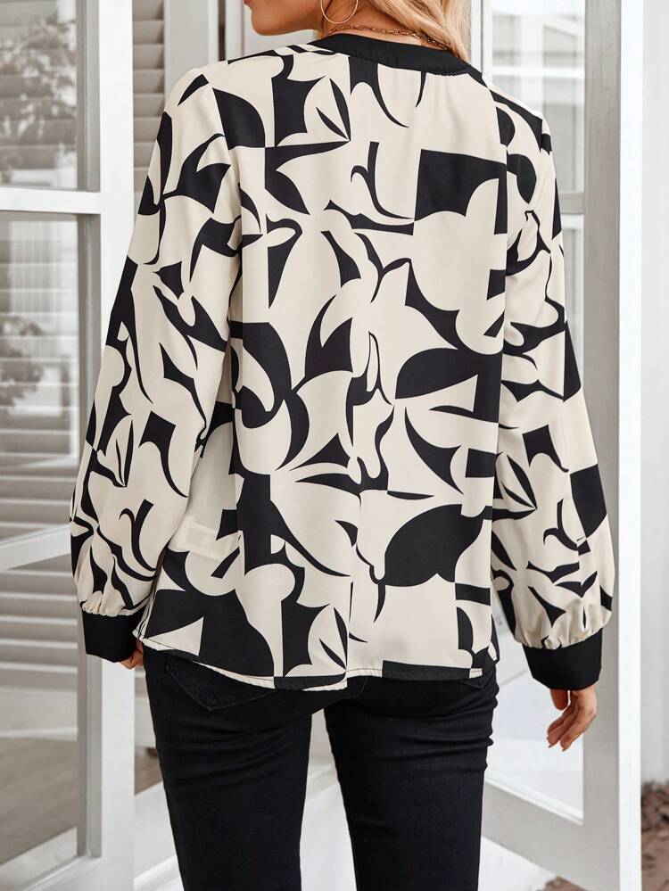 Women's V-Neck Long Sleeve All-Over Print Minimalist Casual Blouse, For Daily Wear