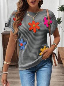 SHEIN LUNE Colorful 3D Floral Knitted Casual Summer Top For Women
