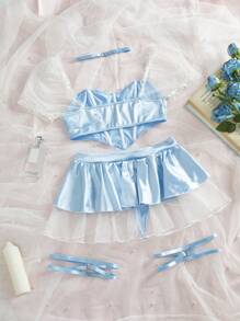 5入組性感乳膠女士內衣扮演套裝，露出腰部設計 - 藍色 - 查看 2
