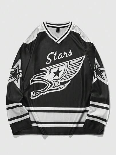 Prep Maglietta a maniche lunghe con scollo a V con stampa di lettere e stelle, stile hockey, per uomo, adatta all'autunno