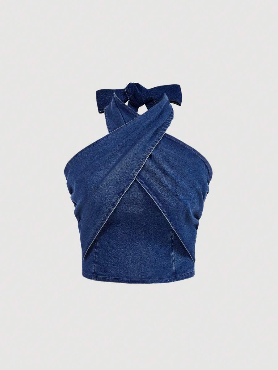 SHEIN MOD Plus Size Denim Halter Crop Top, Stretchy Blue - Medium Wash - View 1