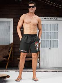 Surfspeed Men's Letter & Skull Print Drawstring Waist Loose Fit Casual Beach Shorts - Black - View 9