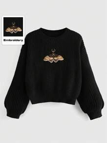 ROMWE Hippie Damen Oversized Pullover mit Mottenstickerei, Rundhalsausschnitt, Drop-Shoulder und Langarm, Lässig, Herbst/Winter