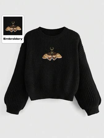 Hippie Suéter casual de cuello redondo, manga larga y hombros caídos con bordado de polilla, talla grande, para otoño/invierno