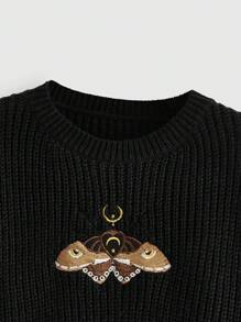 ROMWE Hippie Damen Oversized Pullover mit Mottenstickerei, Rundhalsausschnitt, Drop-Shoulder und Langarm, Lässig, Herbst/Winter