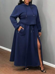 Slaydiva 2pcs Plus Size Women Sports Style Solid Color Long Sleeve Hoodie And Split Hem A-Line Skirt Set