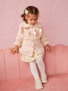 SHEIN Baby Girls' Stand Collar Bowknot Decor Long Woolen Coat For Formal Occasions In Fall And Winter - Apricot - View 7