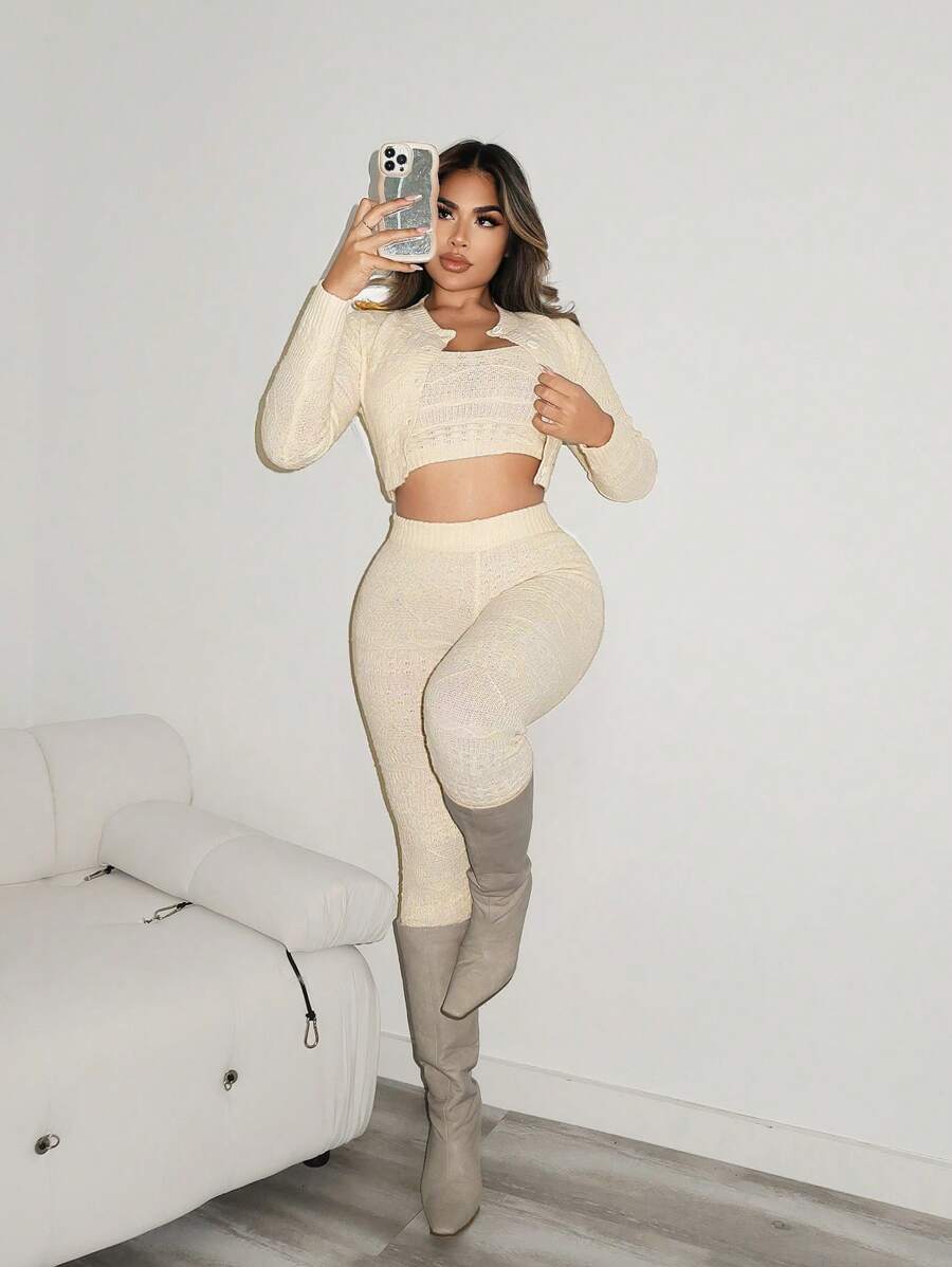 Zolique 3-Piece Set: Solid Color Tank Top+Front Button Long Sleeve Top Coat+Long Pants Sweater Pattern Autumn/Winter Set - Beige - View 1