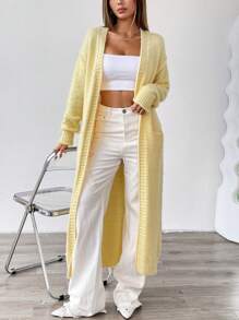 SHEIN Unity 宽松长袖针织保暖开衫，带口袋，黄色，休闲设计，适合女士秋冬 - 黃色 - 查看 1