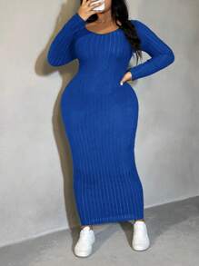 SHEIN SXY 大码纯色 V 领长袖简约长款休闲连衣裙 - 藍色 - 查看 7