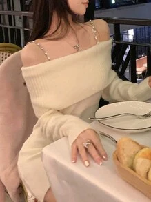 DAZY 女士纯色露肩长袖优雅毛衣连衣裙，秋冬露肩 - 米色 - 查看 3