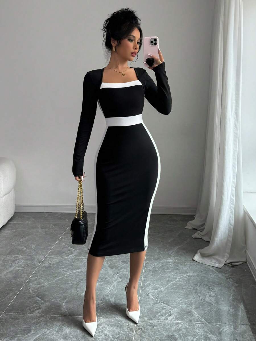 Elenzga Vestido feminino sexy com decote quadrado e bloco de cores, roupa maxi feminina