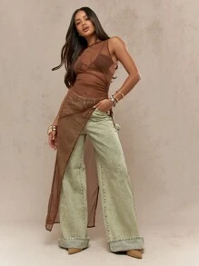 MISSGUIDED Mesh Ruched Side Split Maxi Dress Evening Party Gown Formal Occasion Long Dress Draped Design Elegant Asymmetric Hemline Sleeveless - Brown - View 1