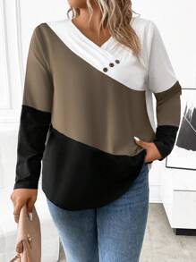 EMERY ROSE Plus Size Casual Kontrastowy Kolor Guzik Ozdobny Luźny Długi Rękaw T-shirt, Jesienne Koszulki Graficzne Damskie Topy Na Wiosenny Strój