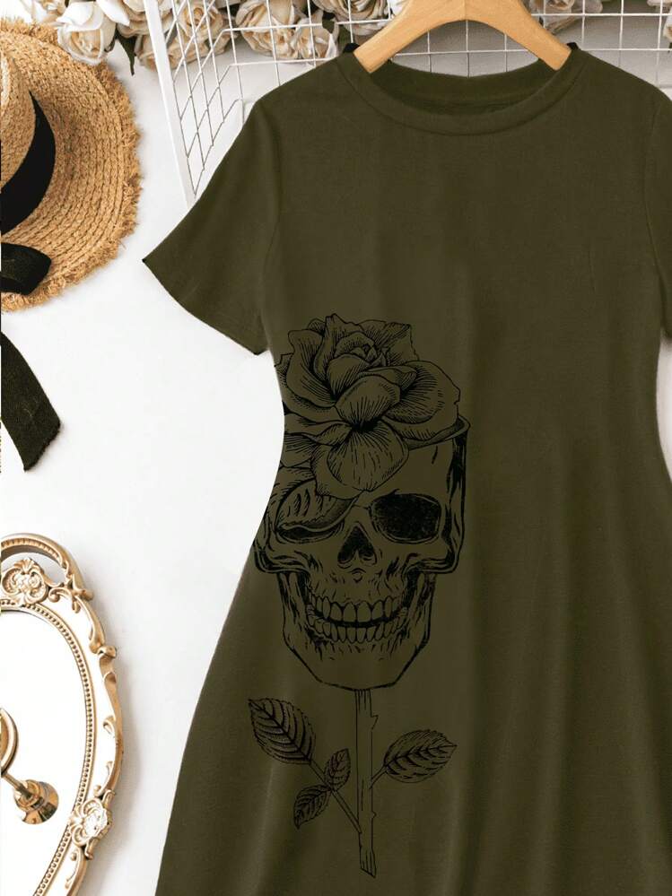 SHEIN LUNE Robe ample d'été à manches courtes et imprimé crâne pour femmes grande taille, style décontracté - Militaire verte - Voir 3