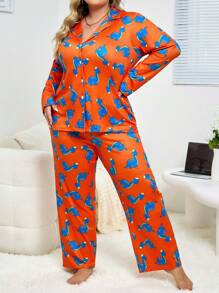 Conjunto de pijama de manga larga con cuello abierto y estampado de dinosaurio, talla grande