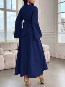 Modelyn 女士纯色立领长袖褶皱长款休闲连衣裙长款晚礼服 - 藍色 - 查看 2