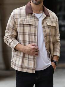 Manfinity Homme 秋季男士撞色灯芯绒领长袖格子单排扣休闲夹克 - 卡其色 - 查看 3