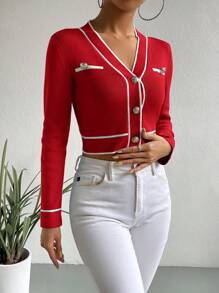 SHEIN Clasi Áo sơ mi nữ tay dài phối nút phía trước màu khối tối giản túi giả - Đỏ và trắng - Xem 5