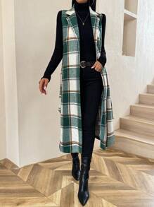 SHEIN Clasi Women's Spring Fall Plaid Lapel Sleeveless Long Casual Woolen Coat - Green - View 5