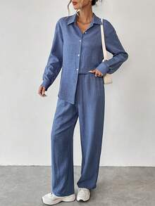 SHEIN LUNE 女士常规纯色休闲长袖衬衫和裤子套装 - 藍色 - 查看 4