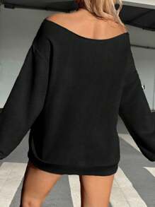 SHEIN Teengirl Off Shoulder Loose New Youk Slogan Print Long Sleeve Sweatshirt, Casual For Autumn/Winter - Navy Blue - View 2