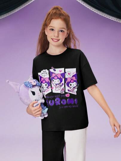 HELLO KITTY AND FRIENDS | SHEIN 青少年女孩卡通印花休闲百搭可爱宽松落肩宽松短袖 T 恤，夏季