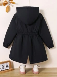 Young Girl Woven Leopard Print Hooded Plush Fitted Waist Jacket,In Fall/Winter - Black - View 2