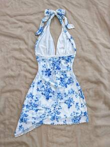 Soleia Vacation Women's Blue & White Floral Print Halter Backless Bowknot Asymmetrical Hem Ruffle Hem Dress,Fall&Winter Women Clothes,Thanksgiving Women Outfit,Christmas Women Clothes,Christmas Party Dress,Christmas Dress,Princess Women Costume,Thanksgiving Dress,Hot Pink Dress,Holiday Dress,Greek Goddess Dress,Hippie Women Clothes,Fairy Core,Fairy Dress,Summer Dresses For Women